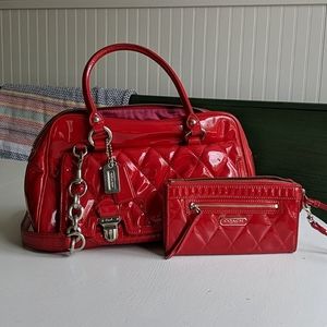 Red patent coach handbag and wallet